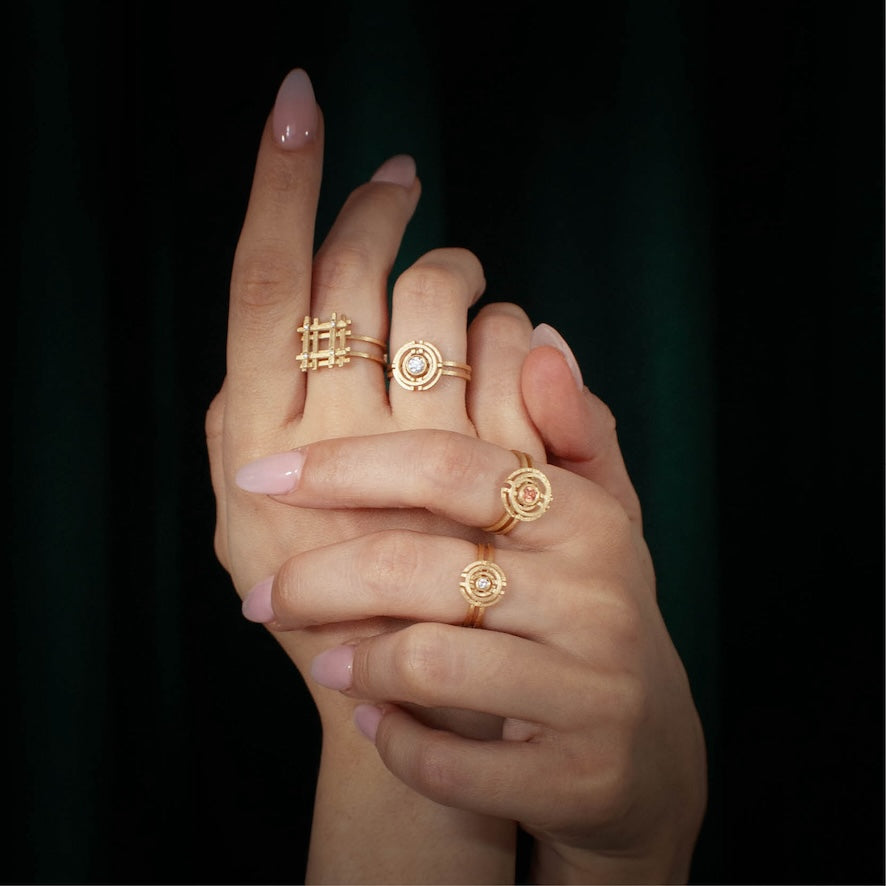 Square Stacked Ring with Diamonds
